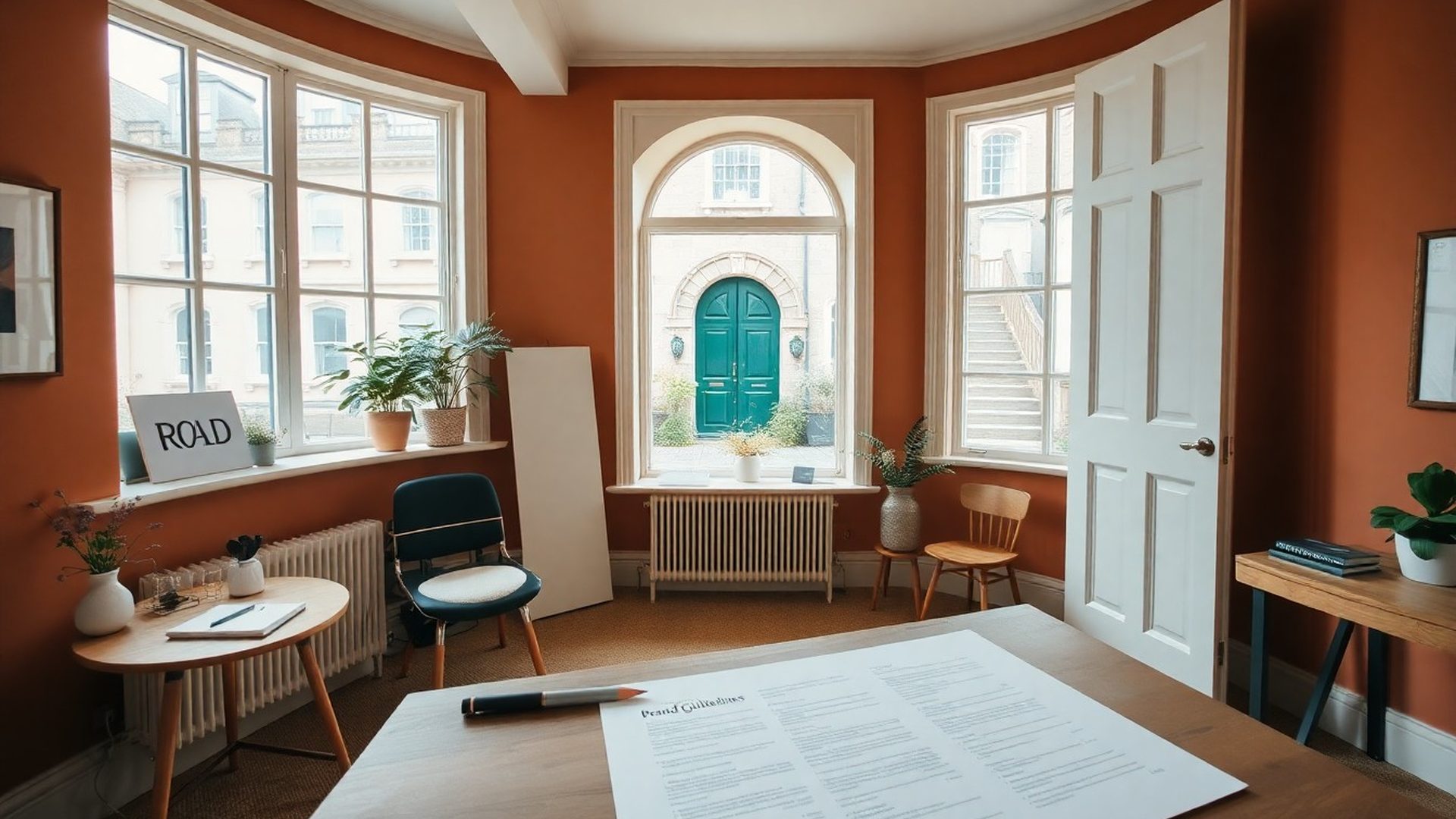 Terracotta and cream creative studio interior in Drogheda with drafting table and brand guidelines