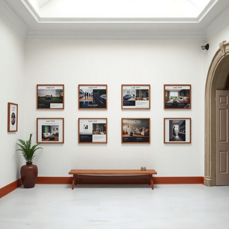 Gallery wall of framed case study screens and brand boards in a studio