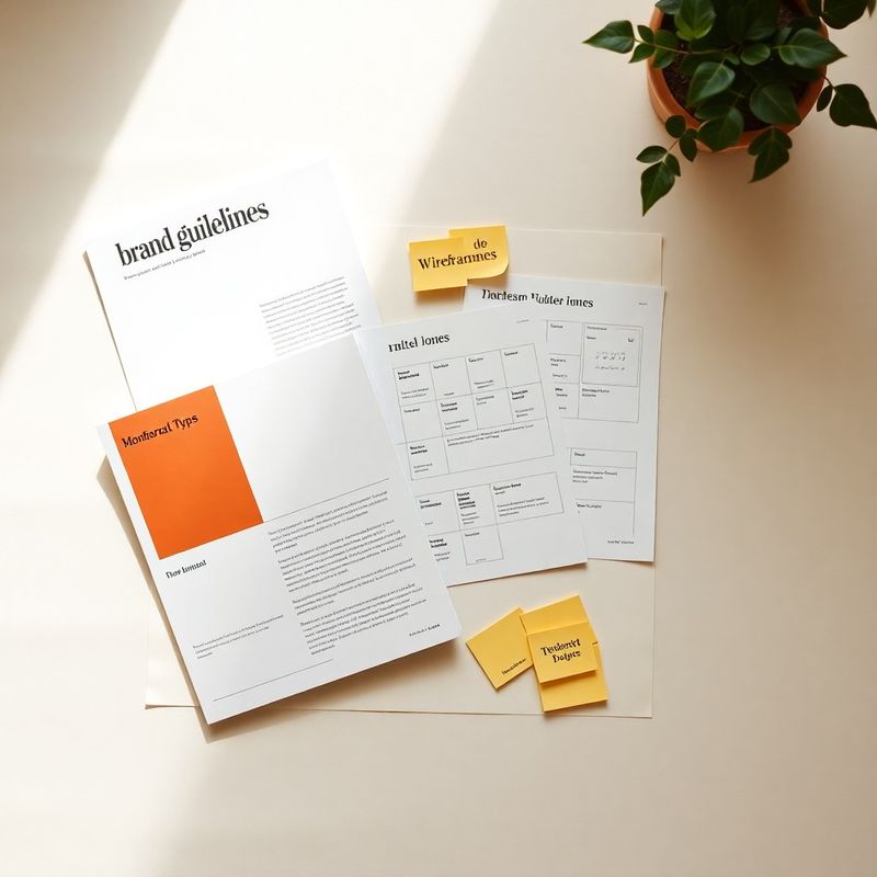 Flat-lay of brand guidelines, wireframes and type specimens on cream paper